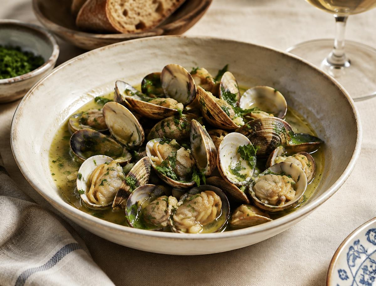Clams with garlic, herbs and broth